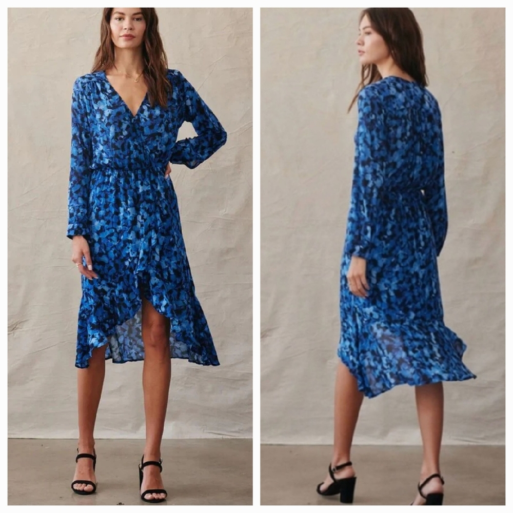 Bella Dahl Anthropologie Vera Ruffled V-Neck Midi Dress Blue Floral Small